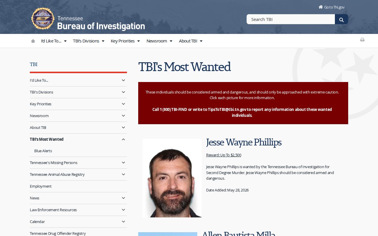 Campbell County warrant context on the Tennessee TBI Top 10 official wanted-notice page